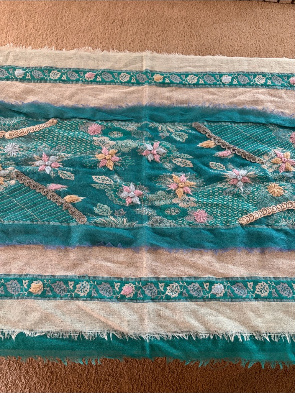 Handwoven Teal and Beige Floral scarf, Shaw, decorative throw.
